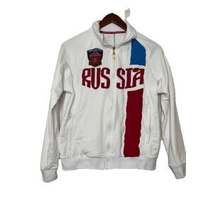 forward Women's Small russia full zip white jacket + 2 pins and patch Vintage 98